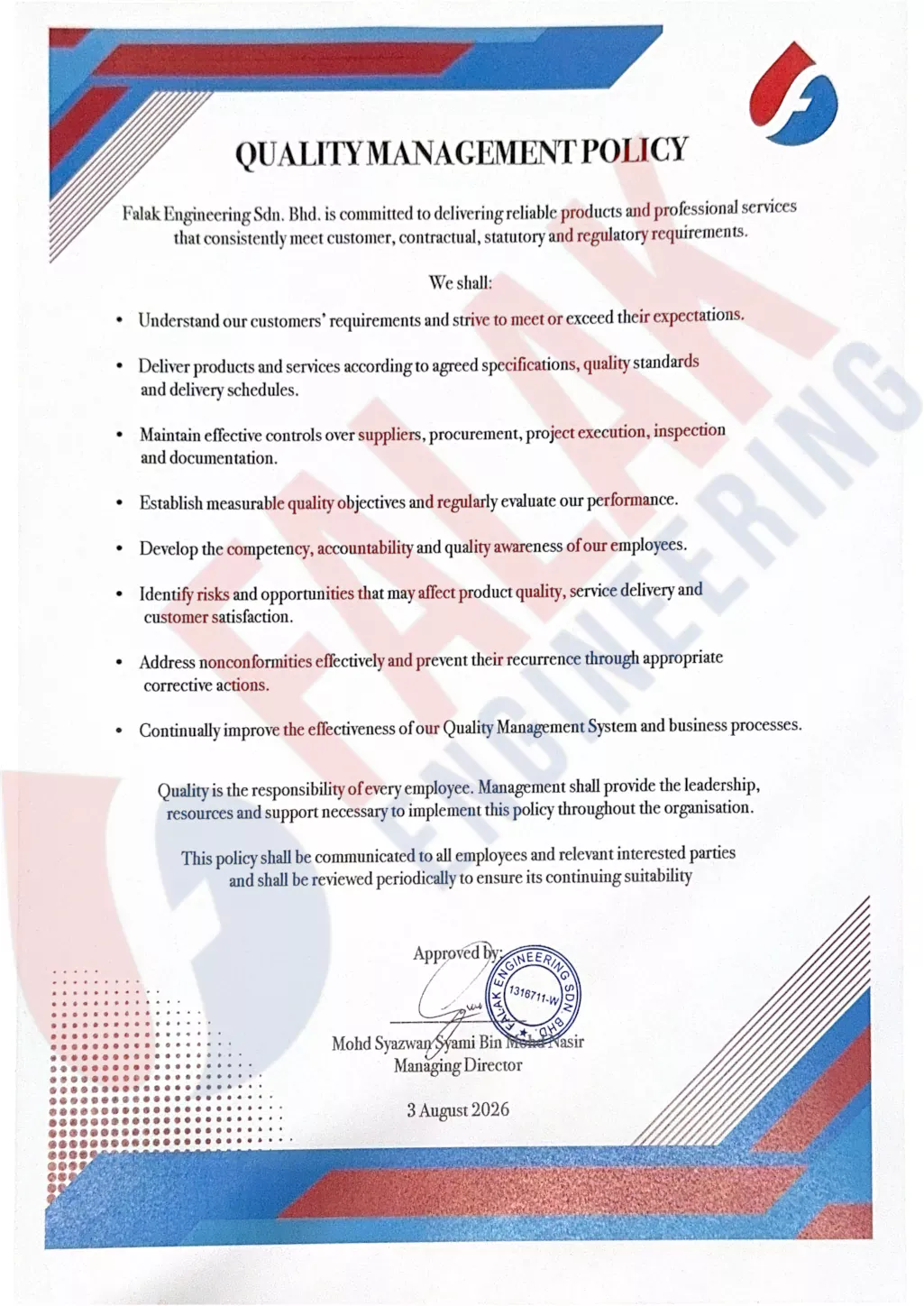 Quality Policy Quality Policy